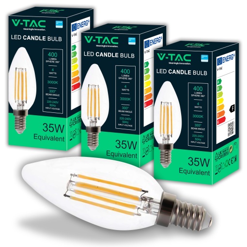 V-TAC 3x Bec LED Filament lumanare E14 4W (echivalent cu 35W) - Alb cald 400 lumeni - Pachet de 6 - Eficienta maxima - Decorare filament - Becuri LED - Bec de economisire a energiei - 3000K