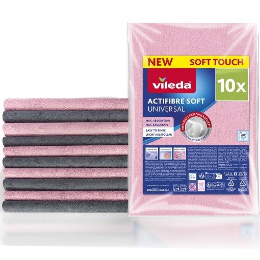 Vileda Actifibre Soft Carpa universala din microfibra, Carpa de curatare 100% din microfibra pentru rezultate fara dungi, absorbtie ridicata, ideala pentru toate suprafetele netede, roz si gri, 10 bucati
