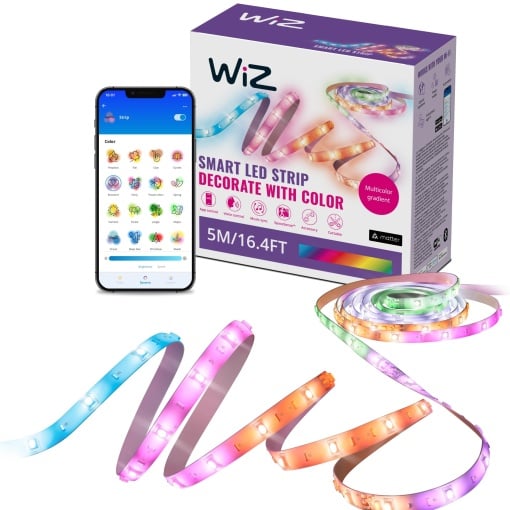 WiZ RGBIC LED Lightstrip - 5 m, 16 milioane de culori + alb, scene de lumina dinamica, se conecteaza la Wi-Fi, control vocal/aplicatie, functioneaza cu Google Home, Alexa si HomeKit
