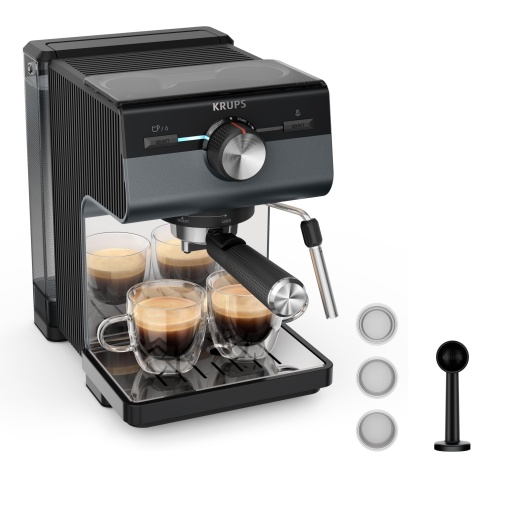 Aparat de portafiltru espresso Krups Authentic+, 15 bari, operare intuitiva, design sofisticat, bagheta de abur, inclusiv accesorii extinse, Bullet Dark Silver/otel inoxidabil, XP384G10