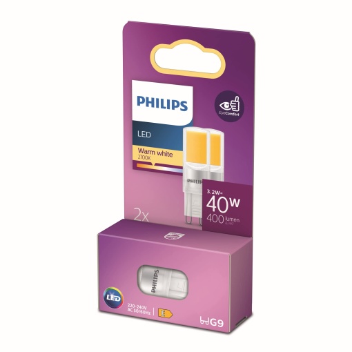 Arzator standard LED Philips, inlocuitor pentru halogen de 40 W, priza G9, lumina alba calda 2700K, pachet de 2, generatie veche
