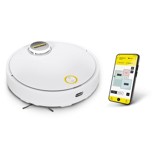 Aspirator robot Karcher RCV 3 cu functie de stergere, control inteligent al aplicatiei, navigatie laser LiDAR, cartografiere, detectarea camerelor si a obstacolelor, 2500 Pa, autonomie de 120 min, pentru podele dure si covoare, alb