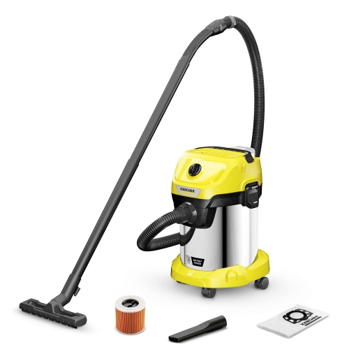 Aspirator umed/uscat fara fir Karcher WD 3-18, incl. filtru, crapatura si duza de aspiratie umeda/uscata, 225 wati, recipient din plastic: 17 l, furtun de aspiratie: 2 m, fara baterie, fara incarcator, galben