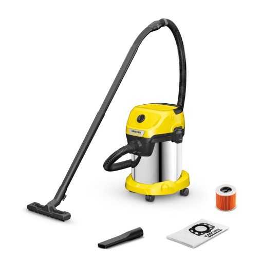 Aspirator umeduscat Karcher WD 3 S V-17420 incl filtru cartus sac de filtrare din lana 1000 W 2 m si depozitare furtun functie de suflare duza pentru