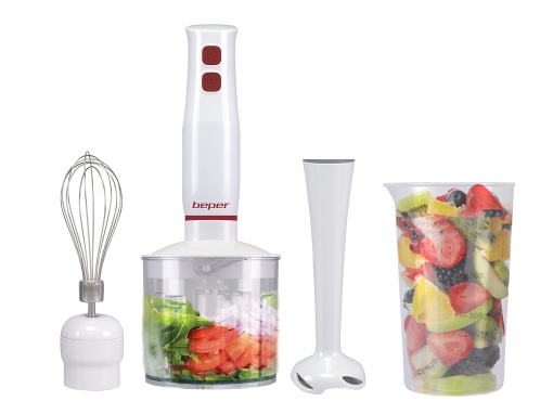 BEPER P102FRU200 Set blender de mana 4 in 1.400 W, blender, tocator 500 ml, tava pentru bici, pahar de masurare 700 ml, functie turbo, alb/rosu
