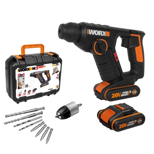 Ciocan rotativ cu acumulator WORX WX394.6 20V - 3 IN 1 unealta multifunctionala ca ciocan, burghiu si surubelnita - putere puternica 1,5 J energie de impact - viteza variabila - incl. baterie de 2 Ah si incarcator