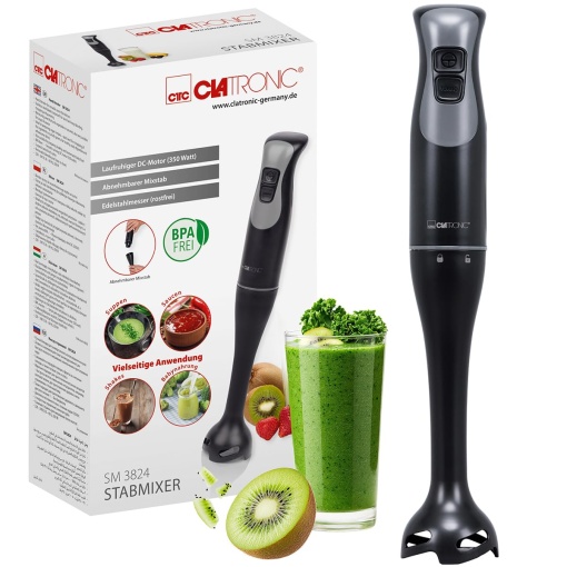Clatronic(r) Blender de mana pentru smoothie-uri, shake-uri, supe | Functia Turbo | Blender 350W | Cutit din otel inoxidabil | blender detasabil | Blender de mana | blender electric de mana fara BPA | SM 3824, Negru