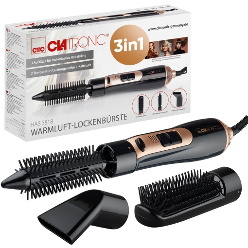 Clatronic(r) Perie cu aer cald 3 accesorii | pentru toate lungimile de par | Perie de uscare cu reglare la rece pentru Style-Fix | 2 etape | Perie rotunda Uscator de par Coafur | Cablu 360deg | Perie cu aer cald pentru par scurt | ARE 3818