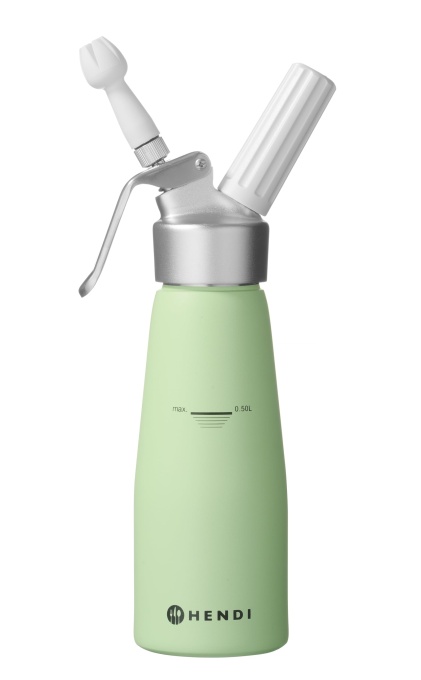 Dozator de crema HENDI, inclusiv set de 3 duze de tevi din polipropilena si perie de curatare, crema-mousse-deserturi-spume reci, sifon crema, 0,5L, o80x(H)260mm, aluminiu, verde pastel