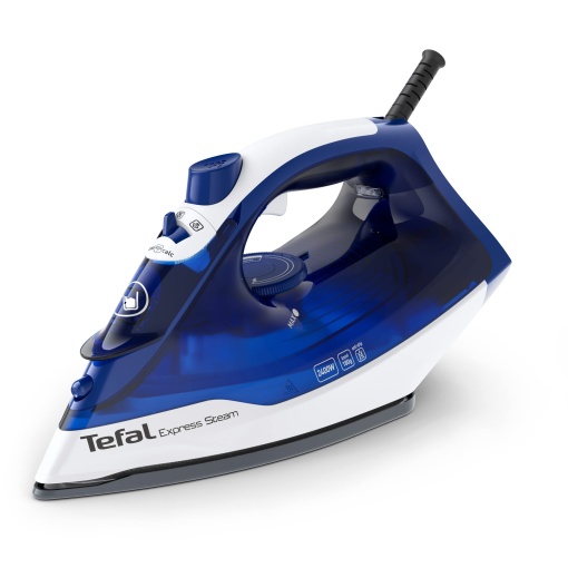 Fier de calcat cu abur Tefal Express, 2400 wati, explozie de abur: 180 g/min., capacitate de 270 ml, incalzire rapida si calcare eficienta, talpa ceramica, opritor de picurare, albastru, FV2838
