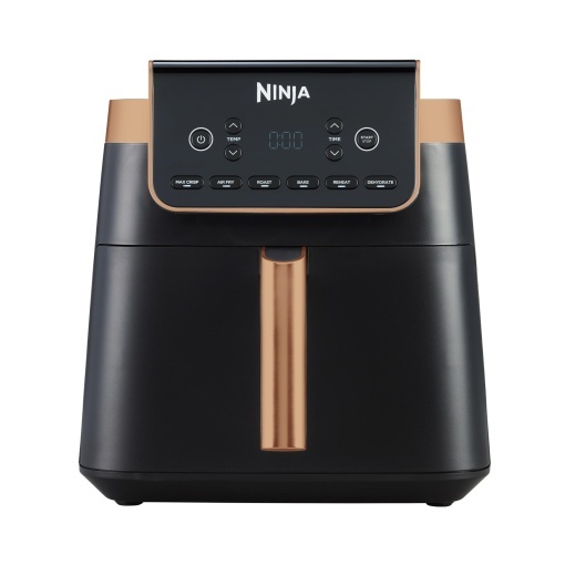 Friteuza cu aer Ninja MAX PRO, 6,2 L, fara ulei, sertar mare, prajire, coacere, prajire cu aer, antiaderent, cos sigur pentru masina de spalat vase si insertie pentru grila pentru crisper, clesti din silicon, negru/cupru, AF180EUCP