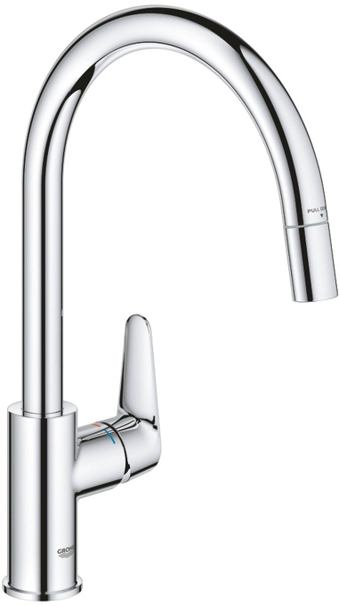 GROHE StartCurve - Baterie de chiuveta cu o singura parghie (gura de scurgere inalta, dus mousseur extensibil, interval de rotire 360deg, durabil), crom, 305620000