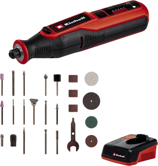 Instrument de slefuire/gravare fara fir Einhell TE-MT 7.2 Li (litiu-ion, baterie de 7.2 V, electronica de viteza, buton de blocare, inel de lumina LED, incl. statie de incarcare, 57 buc. Set de accesorii + cutie)