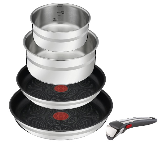 Jamie Oliver by Tefal Set de vase de gatit Ingenio din 5 piese Inductie, 1 maner detasabil, 2 tigai acoperite, 2 oale, potrivit pentru toate tipurile de sobe, sigur pentru cuptor, cu economie de spatiu, L9769632