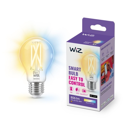 Lampa LED alba reglabila WiZ, forma standard 1-Pack E27, 60W, design vintage transparent, reglabil, alb cald pana la rece, control inteligent prin aplicatie/voce prin Wi-Fi