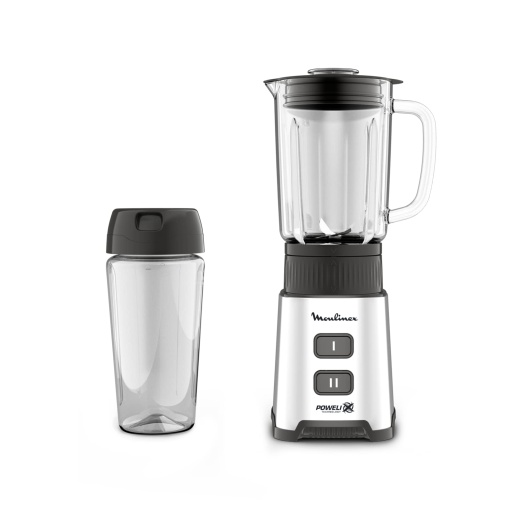 Mixer cu suport Moulinex Pulseo LM17GD, 400 W, 4 lame, 700 ml, 600 ml Recipient portabil, 2 viteze, pentru sucuri si smoothie-uri, otel inoxidabil