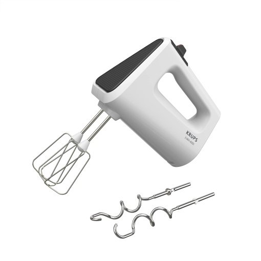 Mixer de mana Krups 3 Mix 4000, 450 wati, design robust, control variabil al vitezei, functie turbo si evacuare, incl. 2 teluri si 2 carlige pentru aluat, alb/gri, GN4001
