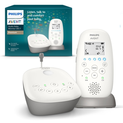 Monitor pentru bebelusi Philips Avent Audio, tehnologie DECT, mod eco, cer instelat, functie interfon, cantece de leagan si melodii de noapte, autonomie de 18 ore, raza maxima, alb (model SCD733/26)