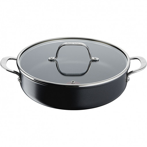 Oală Cu Capac Tefal Home Cook Jamie Oliver E0147555, 30cm, Aluminiu, Mânere din oțel inoxidabil, Fără PFOA, Indicator Termo Signal, Culoare: Negru/ Inox