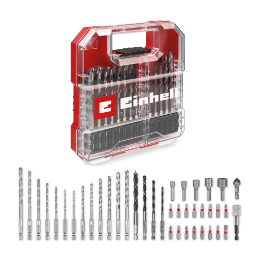 Original Einhell L-CASE 40 buc. Set de burghie si burghie (burghie de 25 mm, suport pentru biti cu schimbare rapida, cheie tubulara, infundata, burghie pentru metal, zidarie si lemn, inclusiv cutie de depozitare)