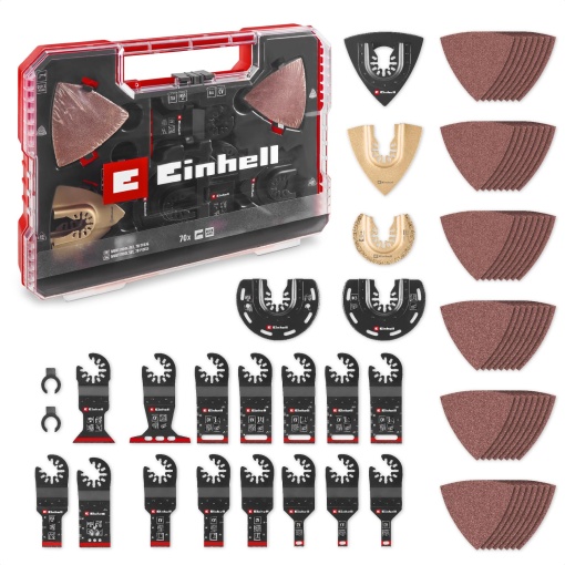 Original Einhell XXL-CASE 70 buc. Set de unelte multiple (panze de ferastrau cu adancime BiM/CrV, panze de ferastrau semicircular HCS/HM/BiM, rasnita delta HM, placa suport delta, smirghel, adaptor Dremel)