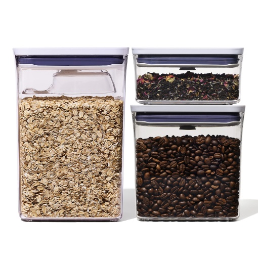 OXO Good Grips Set de recipiente POP dreptunghiulare din 3 piese cu lingura set 16L 26L lopata alb
