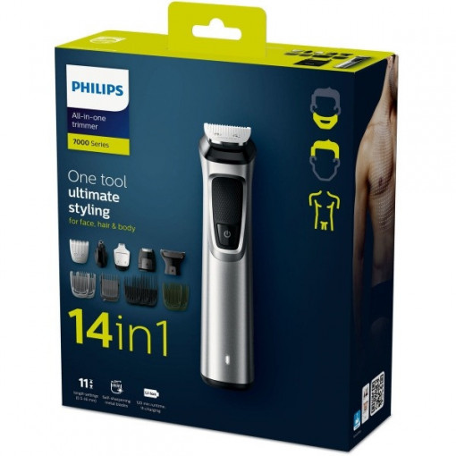 Philips Multigroom MG14/1 7720-в-15 тример за брада и коса, устойчив на душ, батерия, 8 гребени за коса, лице, глава и тяло, технология DualCut, сребро
