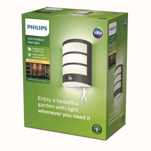 Philips myGarden Lampa de perete LED Python cu detector de miscare, 6W, lumina alba calda 2.700K, 600lm, clasa de protectie IP44, bec integrat, antracit