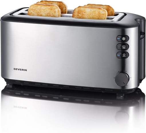 Prajitor de paine automat SEVERIN cu fante lungi, pana la 4 felii de paine, accesoriu integrat pentru prajirea chiflelor, 1.400 W, otel inoxidabil periat, negru, AT 2509