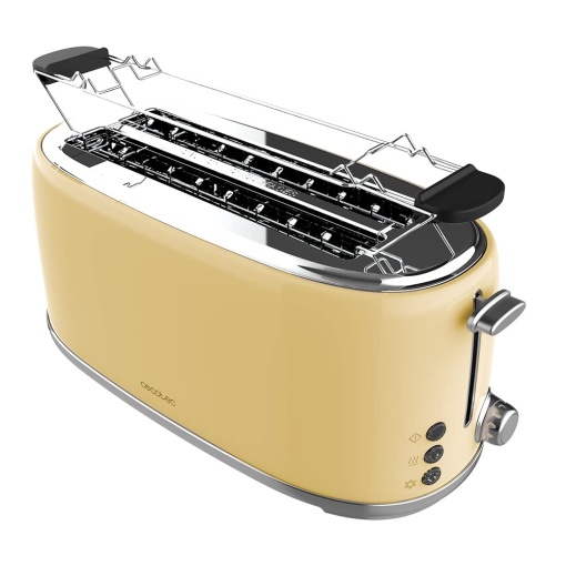 Prajitor de paine Cecotec 4 felii Toast&Taste 1600 Retro Double Beige, 1630 W, 2 fante late si lungi de 3,8 cm, Otel inoxidabil, Gratare superioare, Putere reglabila, Sertar pentru firimituri