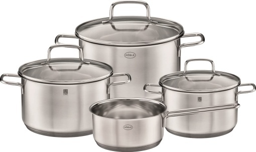 ROSLE Basic Line Set oale 4 bucati, 3 vase universale, 1 cratita, otel inoxidabil 18/10, cu capac din sticla si margine de turnare, rezistent la inductie, poate fi spalat in masina de spalat vase, argintiu / negru