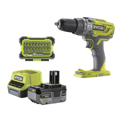 Set de gaurit combinat cu acumulator RYOBI 18 V ONE+ R18PD3-140A, incl. 1 baterie de 18 V 4Ah, incarcator, set de biti, geanta de scule