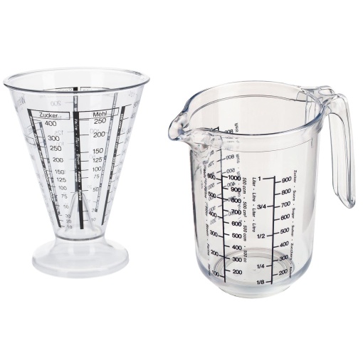 Set Westmark, 2 bucati: 1 ulcior de masurare + 1 cana de masurare cu con de masurare fin, multilingv si cu diferite unitati de masura, volum de umplere: 0,5 + 1 litru, Gerda, plastic, transparent, 306822E7