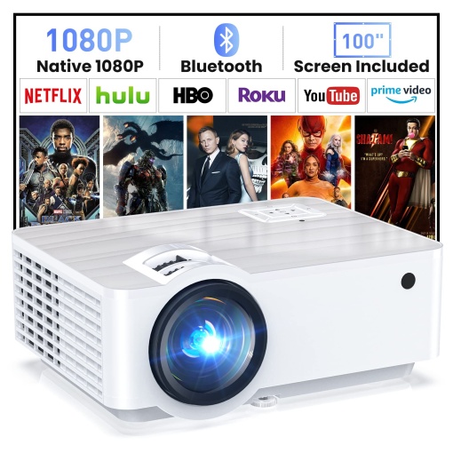 T TOPVISION Bluetooth 5.1 Mini Beamer - 9500Lumens Multimedia Home Theater Beamer, nativ 1080P cu ecran de 100'' compatibil cu HDMI, USB, AV, Smartphone, Pad, TV Box, Laptop