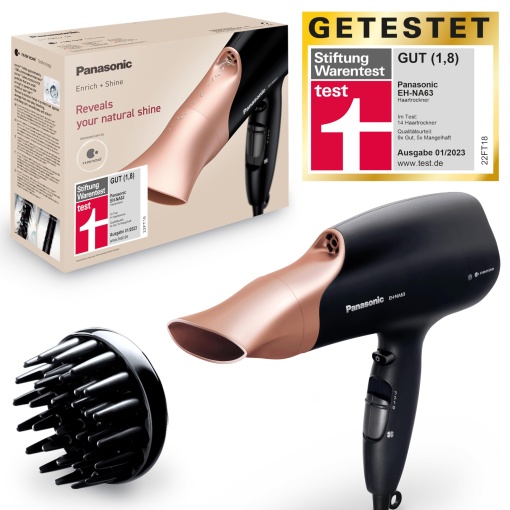 Uscator de par Panasonic EH-NA63 Nanoe, Foundation Wait Test 1.8, cu difuzor, duza de coafare, ventilator si niveluri de temperatura, pentru stralucire vizibila, putere de 2000 W, design ergonomic, auriu roz