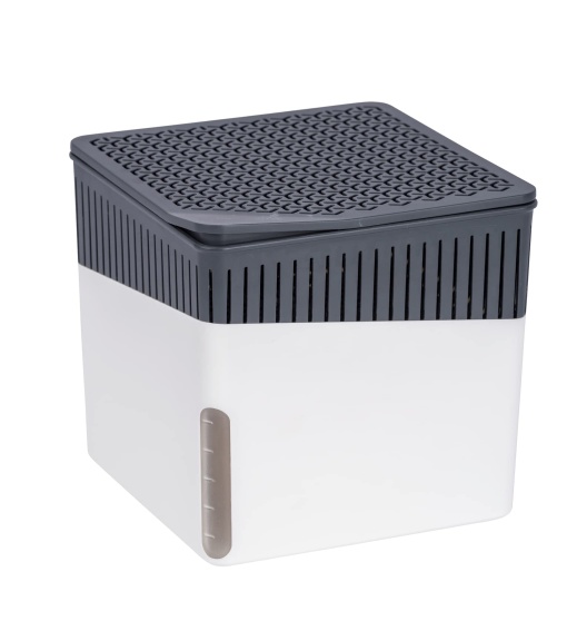 WENKO Dezumidificator de camera Mod. Cube, dezumidificator reduce mucegaiul si mirosurile, tava de scurgere cu bloc de granule de 1 kg reincarcabil, retine pana la 1,6 l de umiditate, 16,5 x 15,7 x 16,5 cm, alb