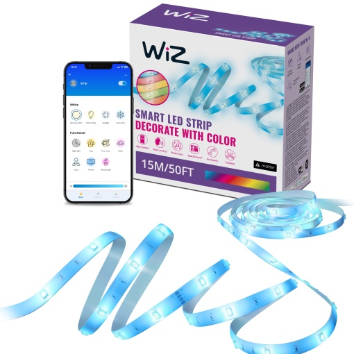 WiZ RGB LED Lightstrip - 15m, personalizabil, 16M culori + alb, moduri de lumina presetate, se conecteaza la Wi-Fi, control vocal/aplicatie, functioneaza cu Google Home, Alexa si HomeKit