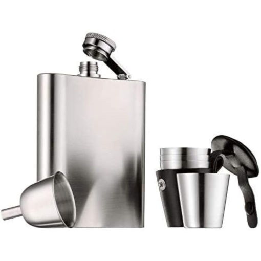 WMF Manhattan Hip Flask Otel Inoxidabil 6 Bucati, Balon Hip 200ml, Balon 20cl, Palnie, Stampila in Carcasa Piele, Cromargan Otel Inoxidabil Mat, Idee Cadou