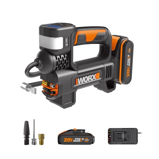 WORX WX092 Compresor de aer fara fir si proiector LED 20V, 150 PSI, umflare anvelope in 2min40s (furnizat cu baterie, incarcator rapid si adaptor pentru bicicleta/masina)