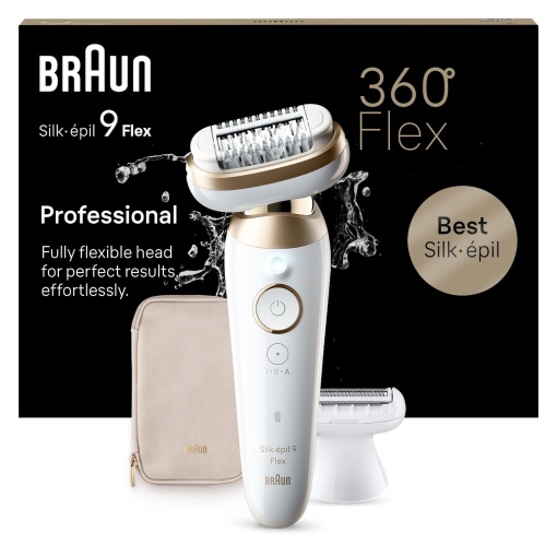 Braun Silk-epil 9 Flex, epilator cu cap flexibil la 360deg pentru indepartare usoara a parului, piele umeda si uscata, neteda de lunga durata, ladyshaver, cu accesoriu de ras si accesoriu de tuns, 9-041 3D, alb/auriu