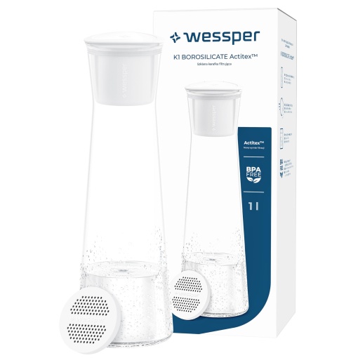 Carafa cu filtru de apa din sticla Wessper, 1 litru, Carafa de apa cu filtru de apa cu micro disc, Carafa de sticla cu capac, pentru apa filtrata si bauturi reci, fara BPA - Alb