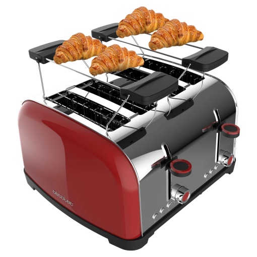 Cecotec Prajitor de paine vertical Toastin' time 1700 Double Red, 1700W, Fanta dubla scurta si lata 3,8 cm, Bare superioare, Otel inoxidabil, Functie de oprire automata si pop-up, Tava pentru firimituri