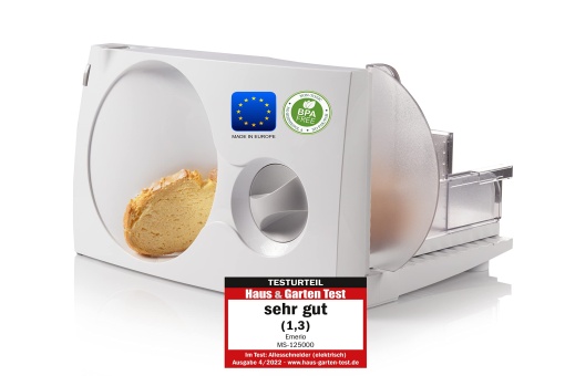 Feliator de alimente Emerio "Made in EU" MS-125000, unitate de cutit din otel inoxidabil produs in Germania, reglabil 0-17mm, fara BPA, pliabil cu economie de spatiu, cu intrerupator de siguranta, Eco 100Watt, alb