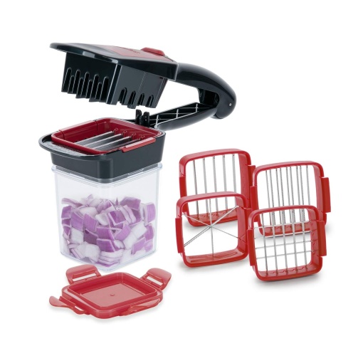 Genius A27165 Nicer Dicer Quick XXL Set 7 buc-Tocatorul cu 3 insertii interschimbabile pentru lame si recipient de colectare 320 ml in format manual | 30 cuburi sau 10 discuri cu un singur clic, otel inoxidabil, rosu