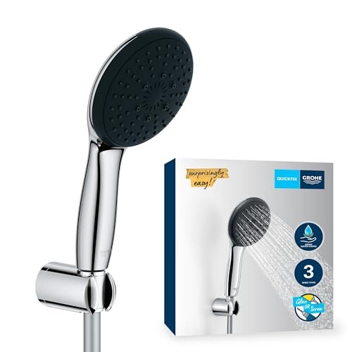 GROHE Vitalio 110 - Set suport de perete Economisire apa - 8l pe minut (3 tipuri de pulverizare, conexiune standard, cu furtun de dus de 175 cm si suport de dus), rotund, cromat, 26769001
