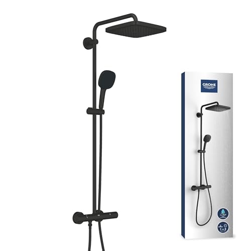 GROHE Vitalio 250, sistem de dus cu economie de apa, 8l pe minut (dus cu efect de ploaie 2 tipuri de pulverizare, brat de dus pivotant, adaptabil la gaurile de gaurire existente, cu manere metalice), patrat, negru mat, 266972431