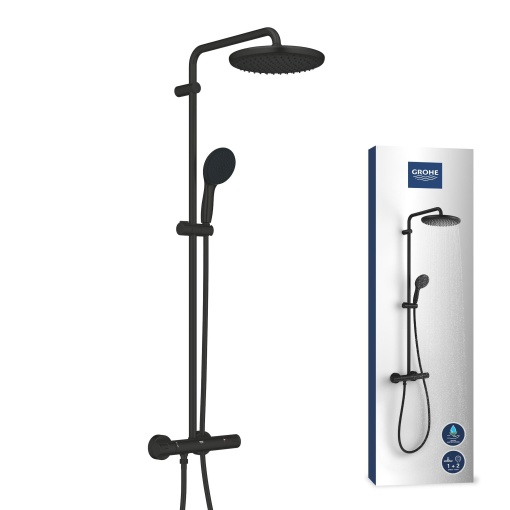 GROHE Vitalio 250 sistem de dus cu economie de apa 8l pe minut dus cu efect de ploaie cu termostat si dus pivotant blocare de siguranta la 38degC set