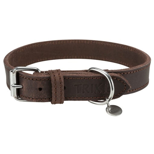 Guler rustic din piele unsa TRIXIE - Inel D protejeaza laringele - Circumferinta gatului 42 - 48 cm - Maro inchis - 19007