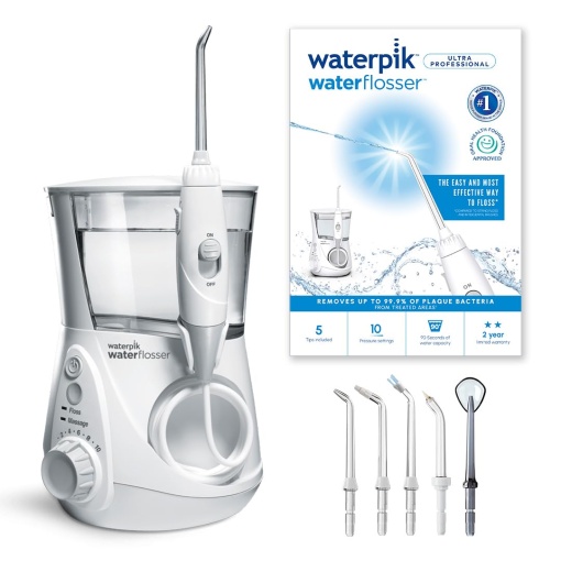 Irigator oral Waterpik Ultra Professional, castigator al testului 2024, tehnologie Precision Puls, sigiliu TUV, indepartarea placii de pana la 99,9%, 7x atasamente, 10x moduri individuale, cronometru integrat, alb