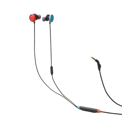 JBL Quantum 50N, casti intraauriculare cu fir pentru jocuri cu semnatura JBL QuantumSOUND, microfon Sprack Focus, glisor de volum si dezactivare a sunetului, compatibilitate multiplatforma, Twistlock, albastru/rosu